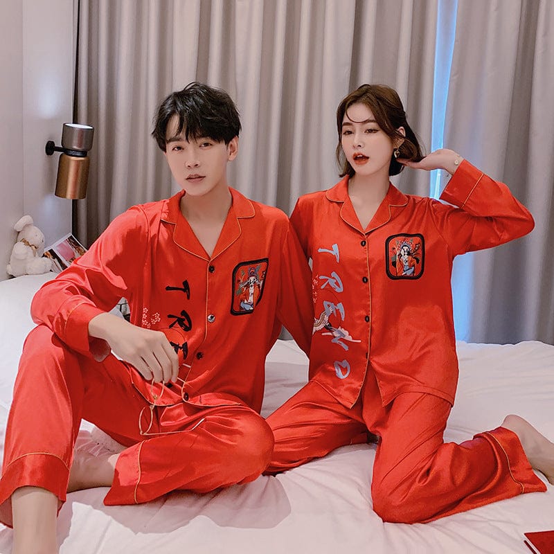 Nouveaux éléments de style chinois couple pyjamas simulation de gigue revers en soie INS tendance pyjamas 2 ensemble personnalisé en gros