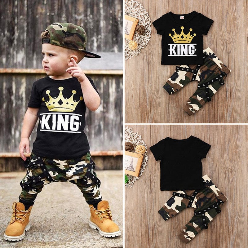 2022 cross-border children's clothing T-shirt two-piece summer short-sleeved black top casual camouflage pants boys suit