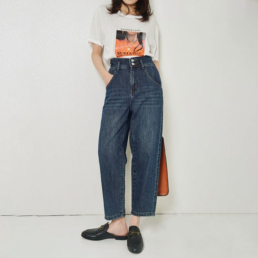 Pantalones vaqueros nuevos de otoño e invierno para mujer, pantalones de cintura alta, ajustados, con dos hebillas, tendencia holgada, 2021