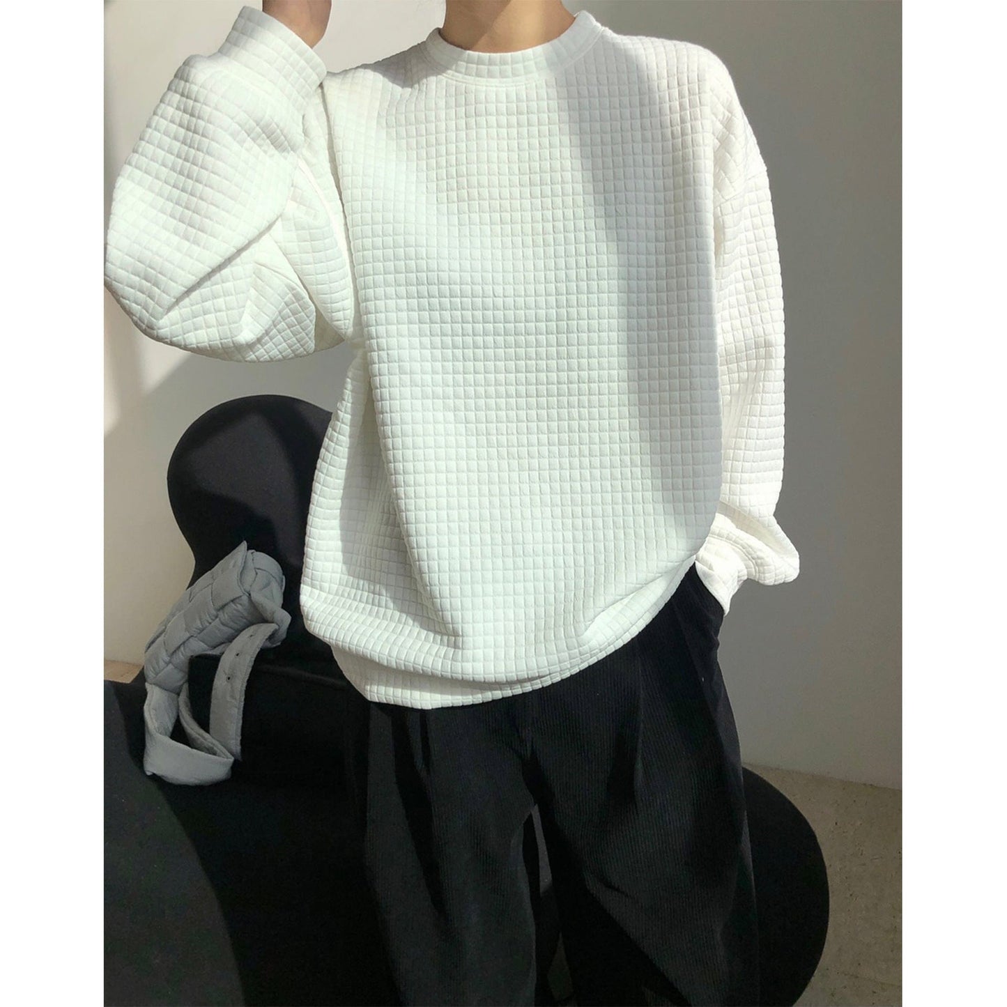 Otoño nueva versión coreana de textura de gran tamaño simple suéter de cuello redondo suelta delgada perezosa cómoda chaqueta de manga larga Mujer