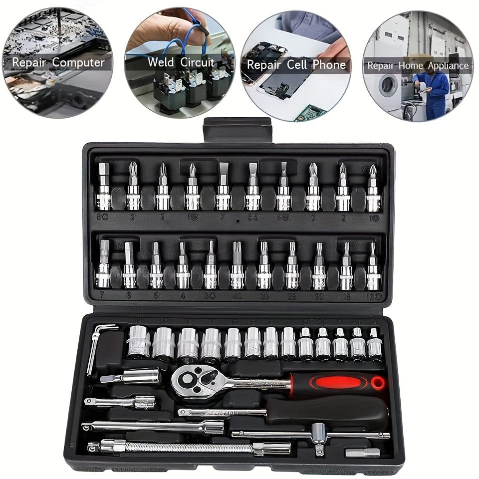 46Pcs Socket Set - 1/4 Inch Drive Socket Ratchet Wrench Set Mechanic Tools Kit For Automotive Repair & Motorcycle, Metric Socket Set With Storage Case