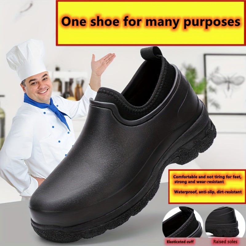 Men's Solid Slip On Chef Shoes, Comfy Non Slip Waterproof Durable EVA Work Shoes For Men's Outdoor Activities