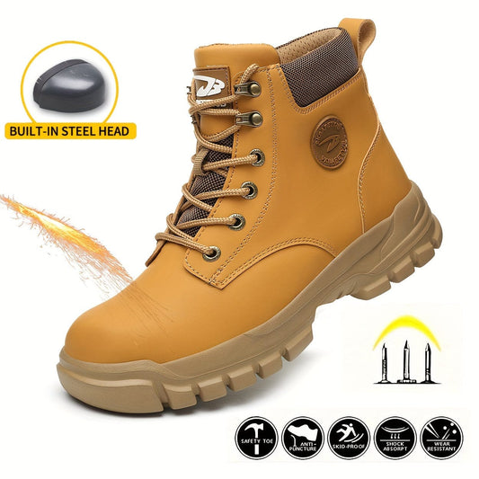 PLUS SIZE Men's Trendy Steel Toe High Top Classic Work Boots, Comfy Non Slip Durable Shoes