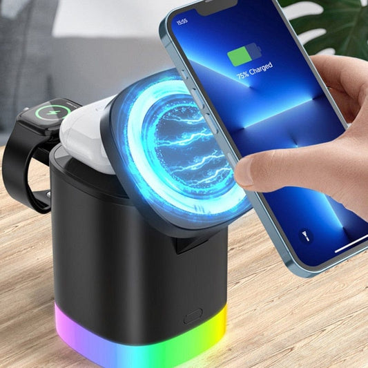 3in1 Magnetic Wireless Fast Charger For Smart Phone RGB Ambient Light Charging Station For Airpods IWatch