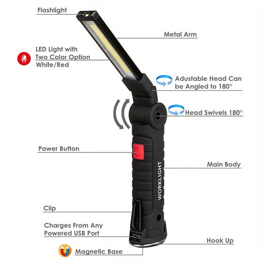 COB Work Light USB Charging Multi-functional Folding Repair Magnet Power Display LED Emergency Warning Flashlight