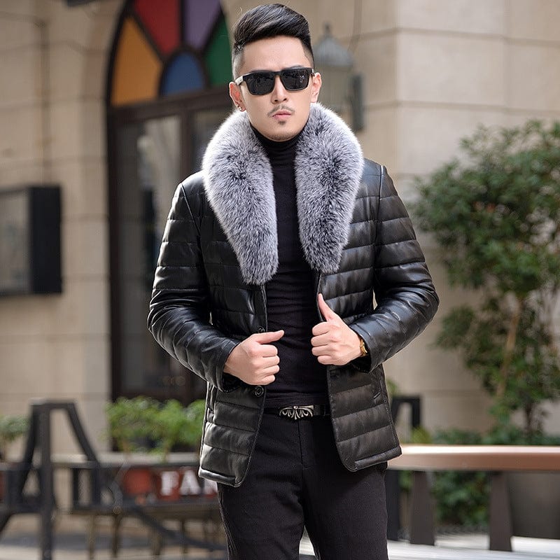 Chaqueta de plumas de cuero Haining para hombre y cuello de pelo de zorro plateado, versión coreana de la sección larga de la chaqueta deslizante, novedad de invierno de 2020