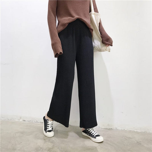 Autumn new fashion loose wide-cylinder thin pleated wide legs pants nine points pants loose waist women blend casual pants