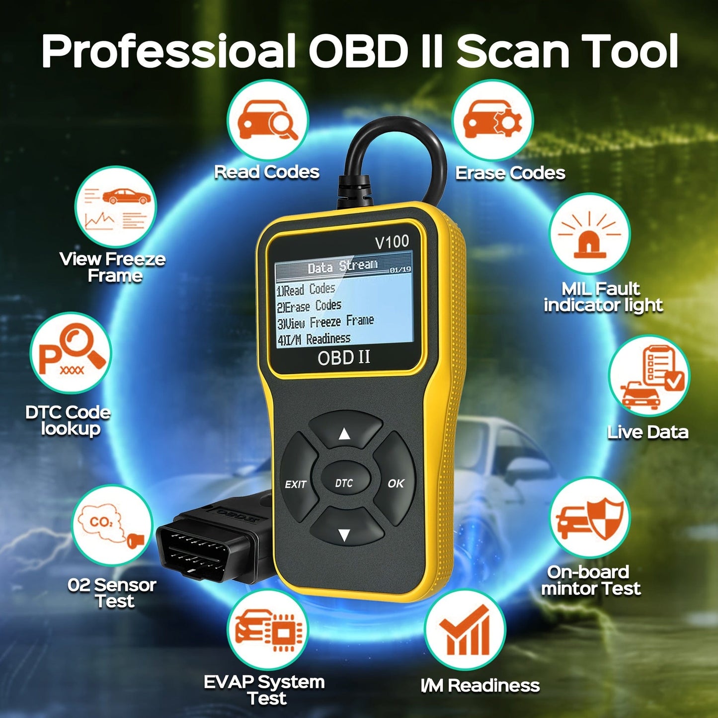 Car OBD2 Scanner, Code Reader Engine Light Fault Code Reader Scanner Diagnostic Scan Battery Voltage Read Tool For All OBD II Protocol Cars Since 1996