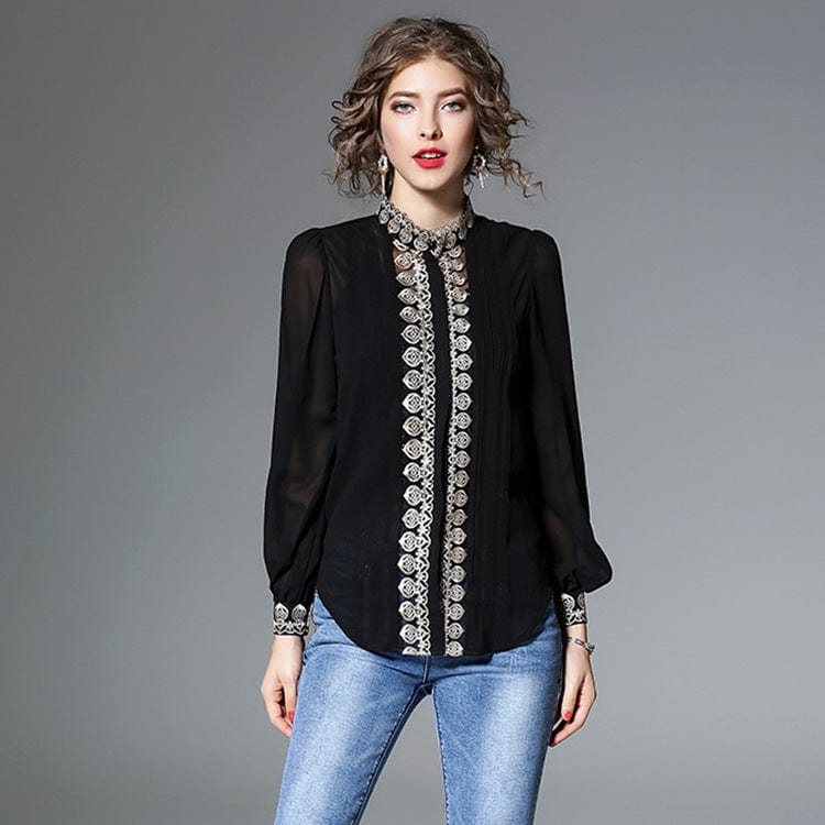 OL wind gas quality elegant long sleeve shirt 2021 autumn decoration slim slimmer embroidery female shirt delivery