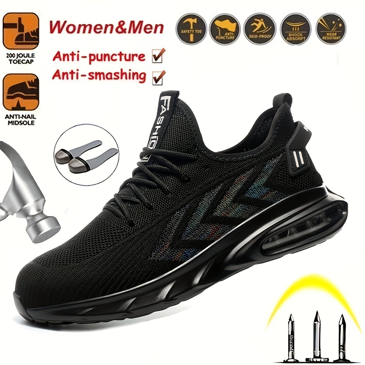 Plus Size Men's Solid Protective Steel Toe Shoes With Air Cushion, Lace Up Comfy Sneakers, Perfect For Constructional Safety Workout Activities