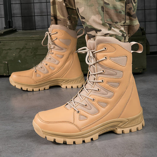 Men's Solid High Top Military Tactical Work Boots, Waterproof Non Slip Comfy Durable Boots For Outdoor Hiking Activities