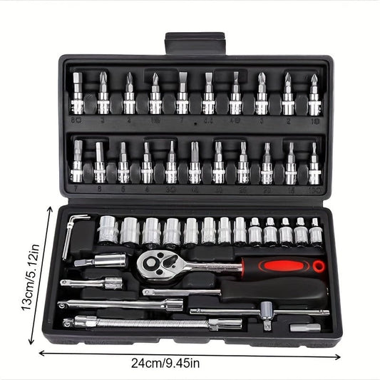 46Pcs Socket Set - 1/4 Inch Drive Socket Ratchet Wrench Set Mechanic Tools Kit For Automotive Repair & Motorcycle, Metric Socket Set With Storage Case