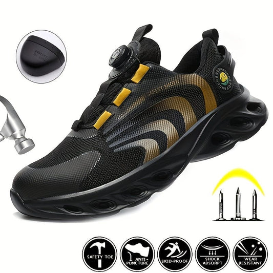 Men's Puncture Proof Steel Toe Breathable Non-Slip Work Safety Shoes, Wear-resistant Shock -Absorbing Walking Sneakers With Rotary Buckle