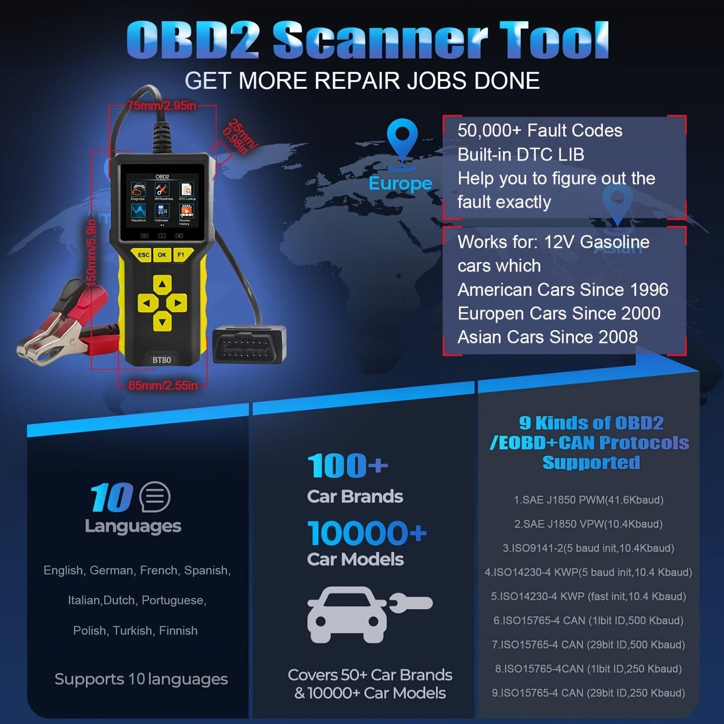 2 In 1 OBD2 Scanner Battery Tester Check Engine Code Reader 6V 12V 24V Battery Life Resistance Cranking Charging Test With Live Data Stream Scan Tool