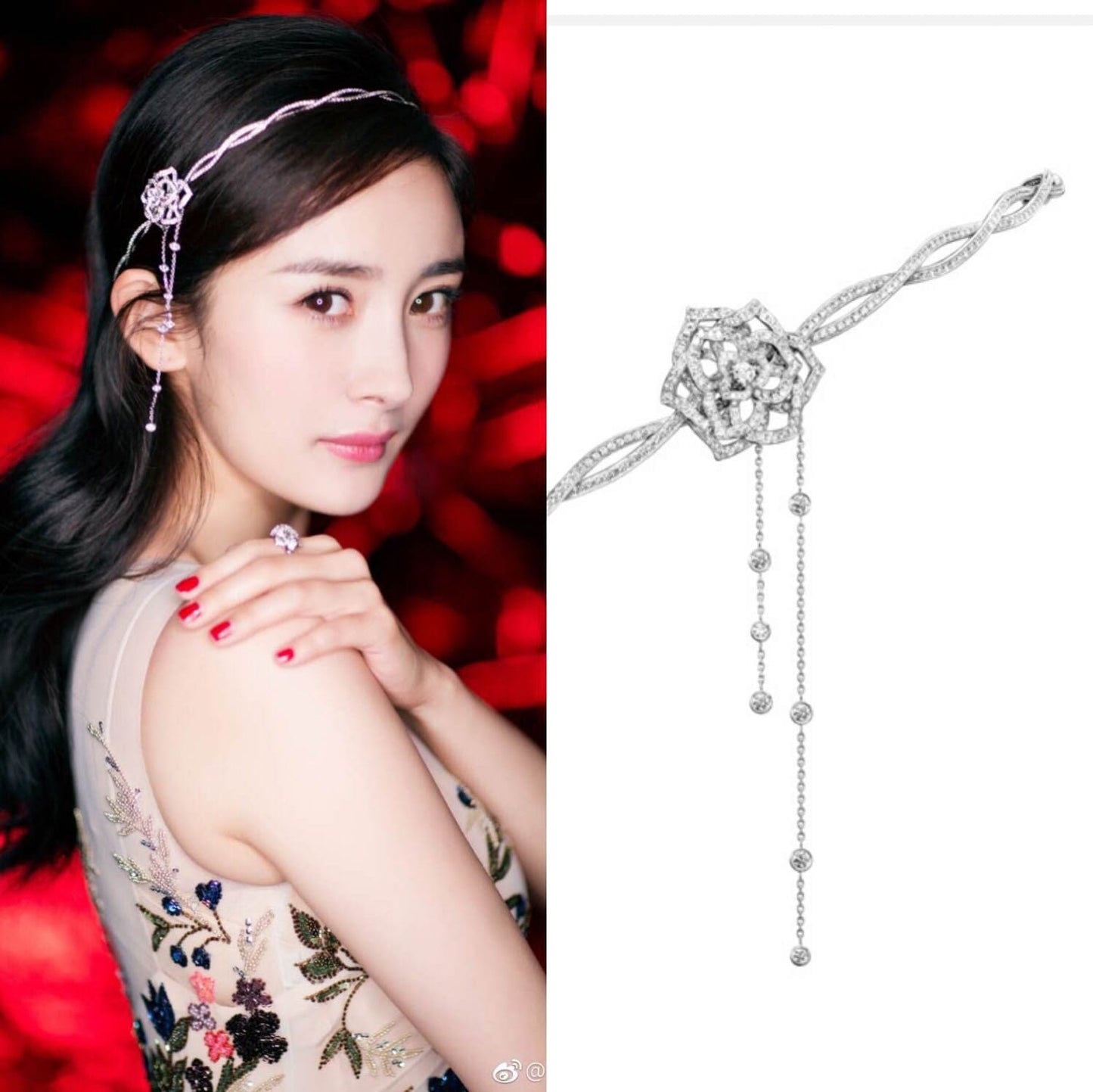 2018 nouveau Yang Mi avec le bandeau rose super fée fleurs chaîne de diamant longue portée saké bandeau cheveux accessoires femme