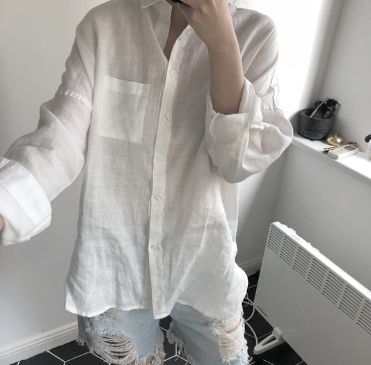 Louu summer new solid color fashion simple loose casual breathable comfort sunscreen long sleeve linen shirt female