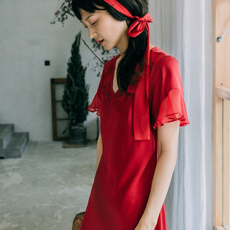 2021 Summer silk nightdress 100% mulberry silk V neck short-sleeved lotus leaf home ladies pajamas new product
