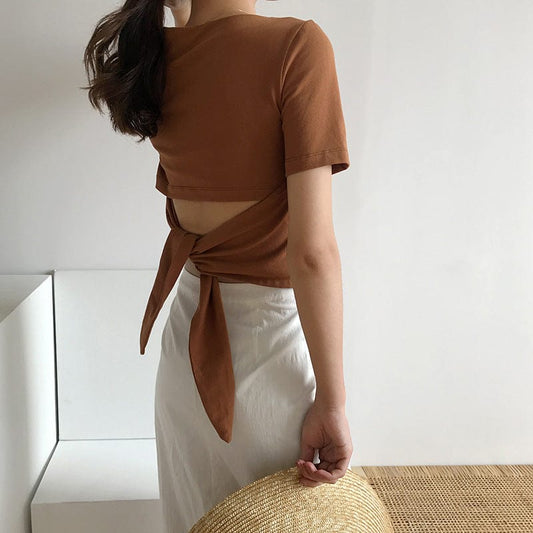 ZT37432 Huang Wei 2018 new Korean version of the hollow bow tie short-sleeved reverse short T-shirt women's summer
