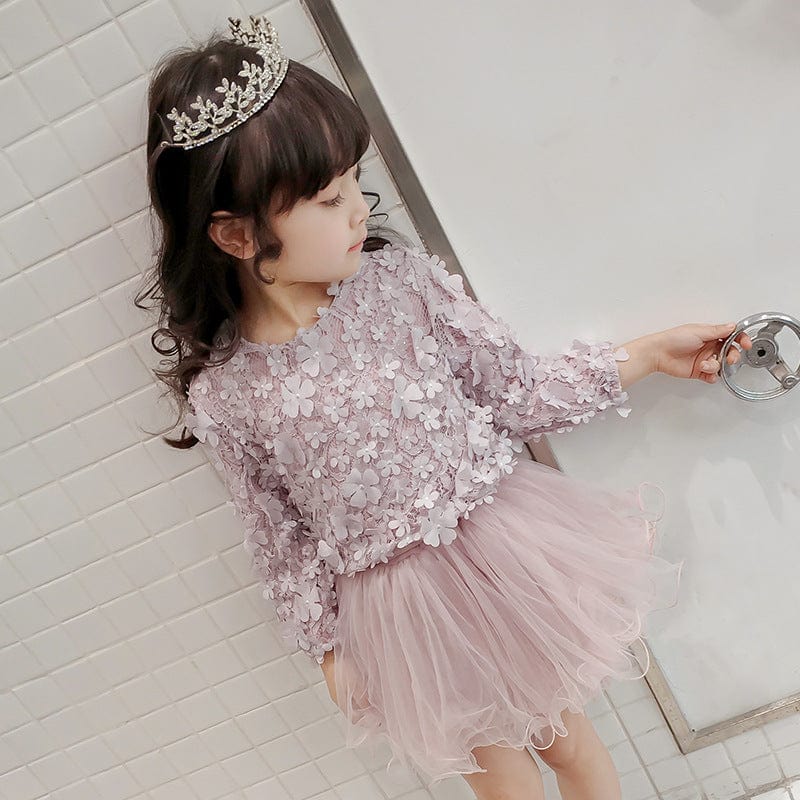autumn new girls' long-sleeved dress children's wear beautiful princess skirt three-dimensional petal fluffy mesh skirt