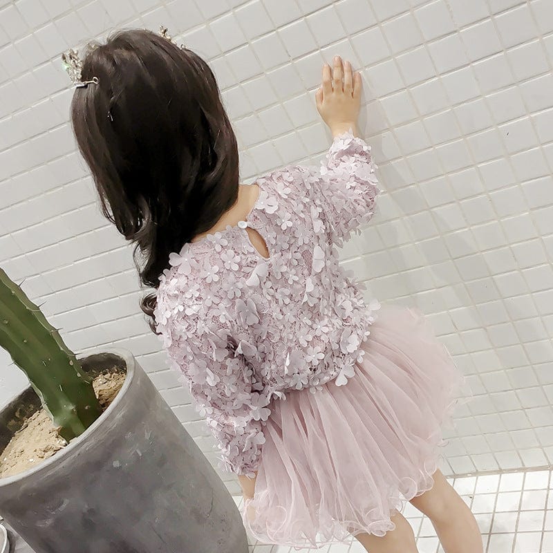 autumn new girls' long-sleeved dress children's wear beautiful princess skirt three-dimensional petal fluffy mesh skirt