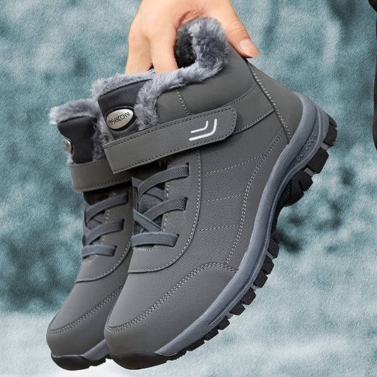 Men's Solid Hiking Shoes With Warm Plush Lining, Comfy Non Slip Hook And Loop Fastener Sneakers, Winter & Autumn