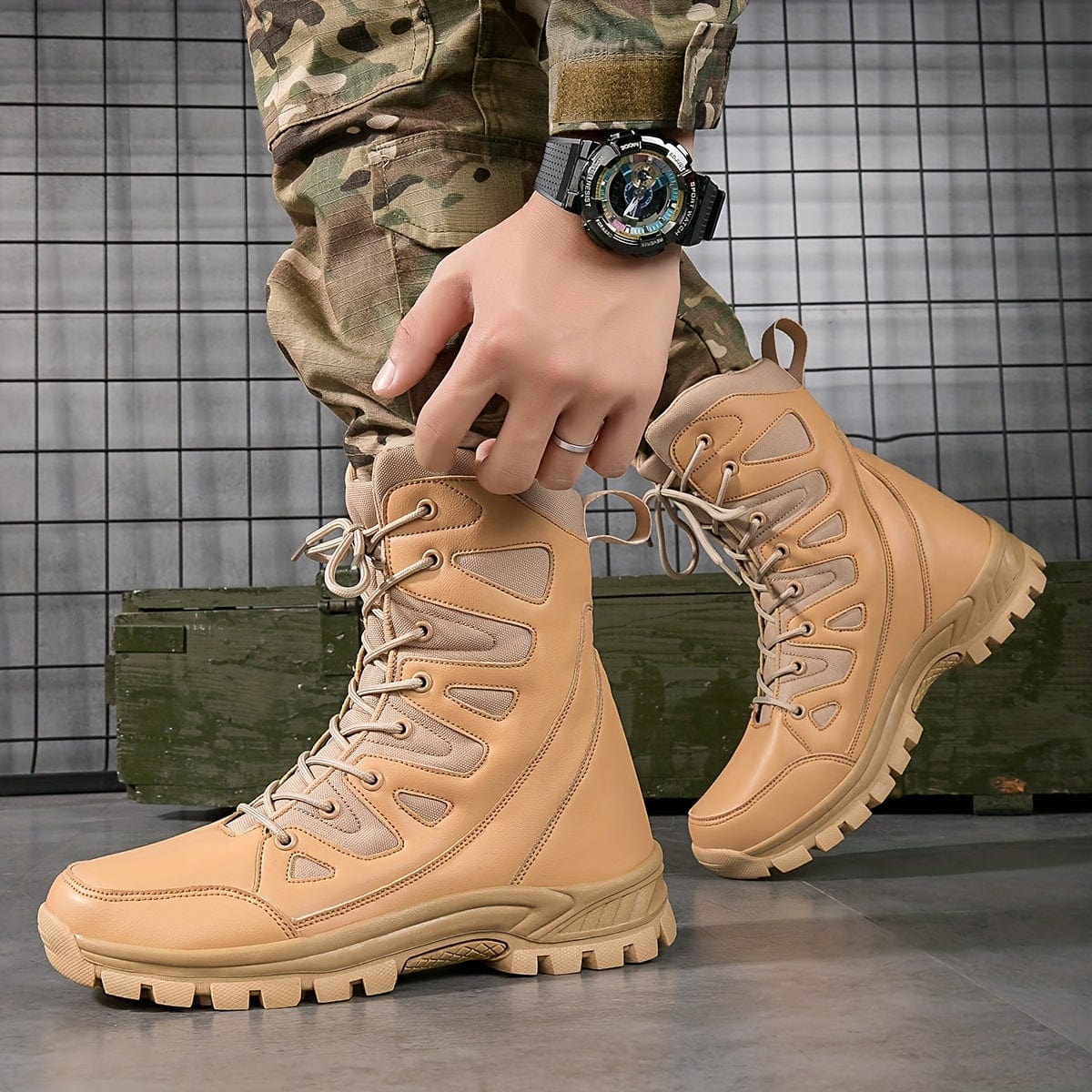 Men's High Top Military Tactical Work Boots, Waterproof Non Slip Durable Boots For Outdoor Hiking Activities