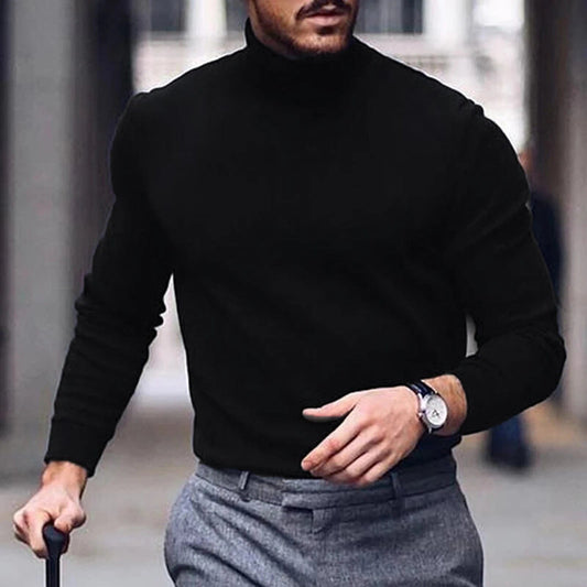 Men Autumn Winter Base Knitted Pullover Tops Solid Color Classic Style Long Sleeve High Neck Daily Casual Wild Slim Sweater