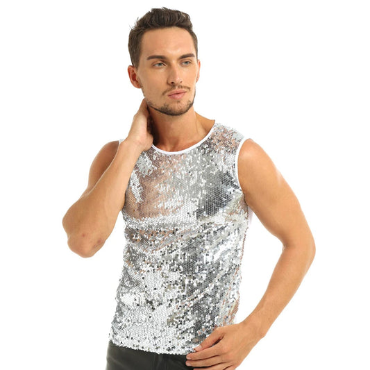 Mens Glitter Sequins Tank Top Fashion Summer Crop Top Vest Slim Muscle Tank Tops Hip Hop Clubwear Stage Performance Rave Costume