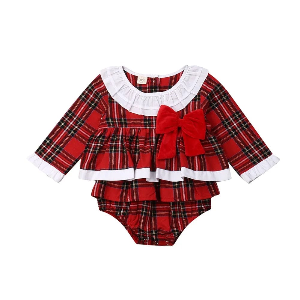 Xmas Newborn Toddler Baby Girl Clothes Lace Romper Dress Jumpsuit Red Outfit Plaid Ruffles Long Sleeve Outfit