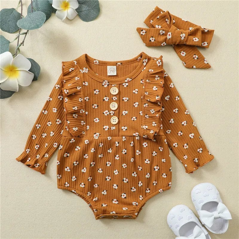 4 Colors Baby Girls Rompers Autumn Winter Newborn Infant Princess Girls Knitted Floral Ruffles Rompers Jumpsuits Headband 2pcs