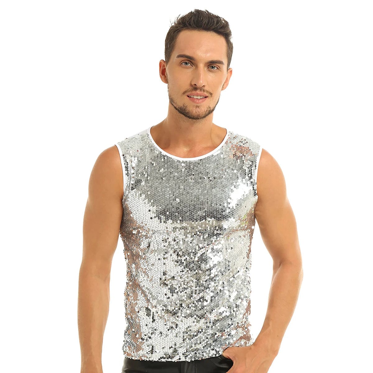 Mens Glitter Sequins Tank Top Fashion Summer Crop Top Vest Slim Muscle Tank Tops Hip Hop Clubwear Stage Performance Rave Costume