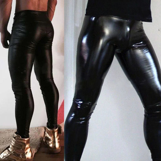 Men's PU Leather Pants Legging Wet Look Skinny Pouch Trousers Clubwear Stage Show Costume Stretchy Latex Glossy Tight Long Pants