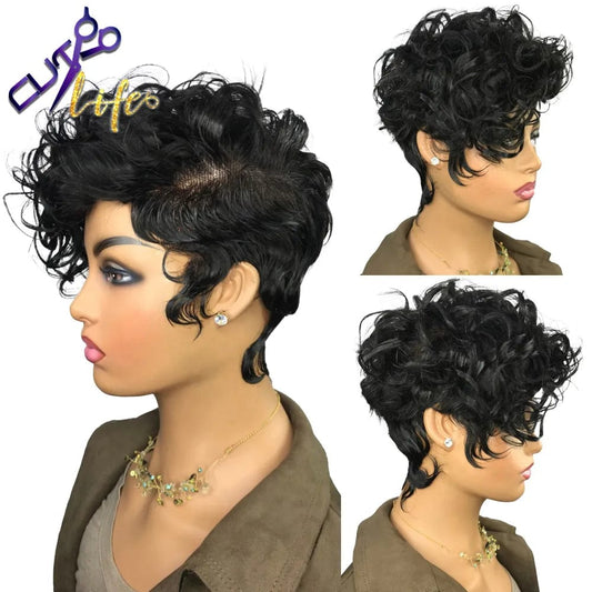 Perruque Lace Closure Wig Remy indienne bouclée, cheveux naturels, coupe courte Pixie, 4x4, 250%, pre-plucked, pour femmes noires