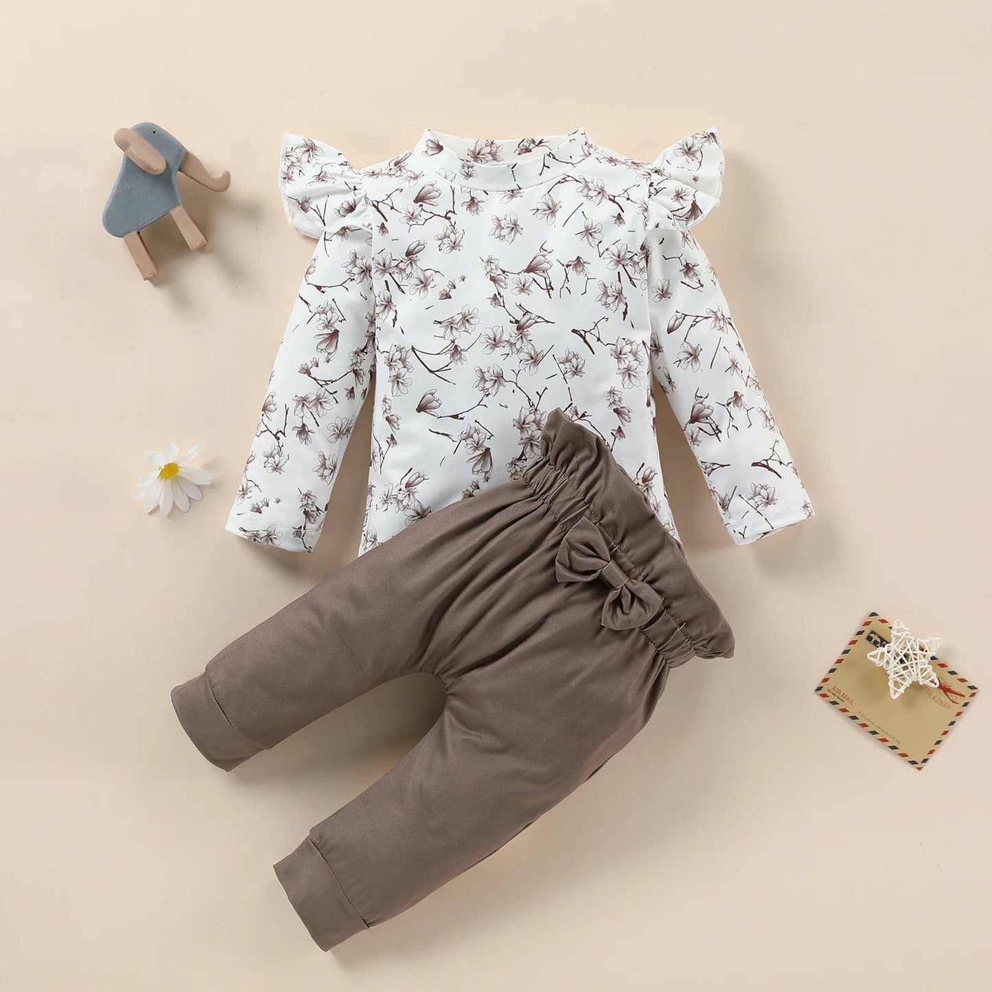 Newborn Baby Girl Clothes Set Fashion Floral Long Sleeve Pullover Top Solid Bow Long Pants Toddler Infant Autumn Outfit