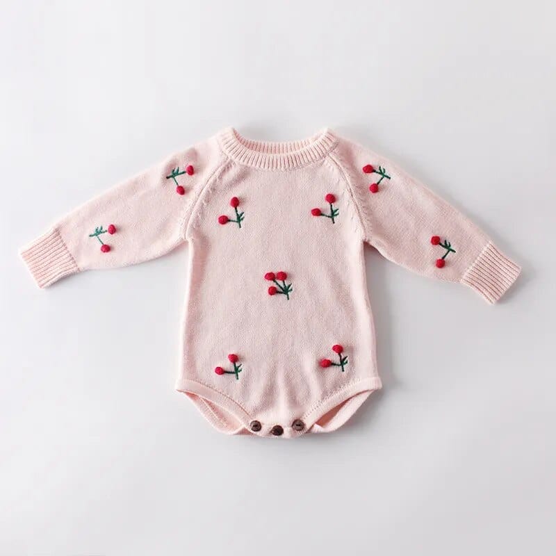 Barboteuse tricotée de printemps pour bébé, imprimé cerise, vêtements pour nouveau-né, pull tricoté 100% coton, combinaison pour bébé en bas âge