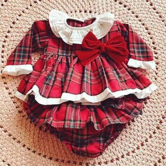 Vêtements de noël pour nouveau-né fille, barboteuse en dentelle, combinaison rouge, tenue à carreaux, à volants, manches longues