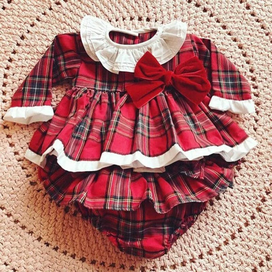 Xmas Newborn Toddler Baby Girl Clothes Lace Romper Dress Jumpsuit Red Outfit Plaid Ruffles Long Sleeve Outfit