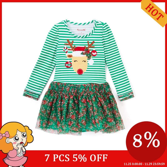 Christmas Floral Striped Hoilday Girl Dresses Toddler Kid Baby Girls Deer Long Sleeve Tulle Xmas Green Clothes
