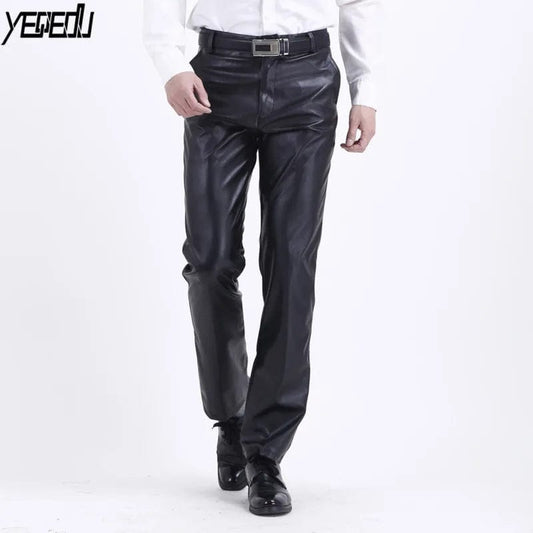 #2210 2023 Summer Waterproof Loose Stretch PU Faux Leather Pants Men Straight Fashion Thin Leather Trousers Men Black Plus Size