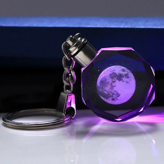 Crystal Moon Key Chain Laser Engraved Miniature Moon Keychain Led Light Colorful Glass Key Ring Pendant Hanging Gift