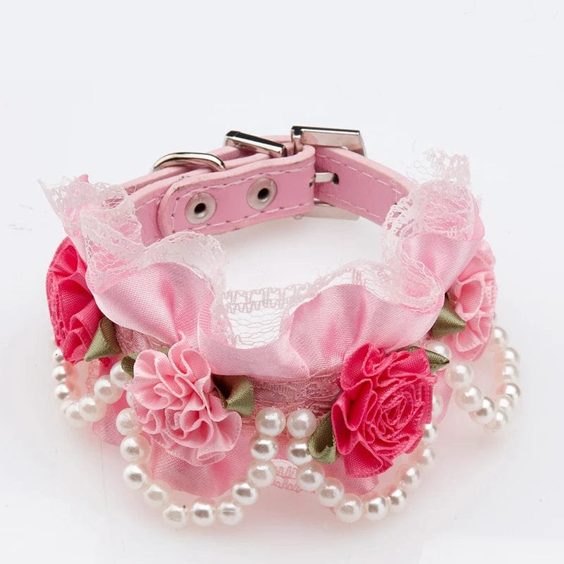 Fancy Dog Pet Collar Leather with Crystal Rhinestone Buckle Design Rose Lace Pearl Collar for Small Medium Dogs Pink White 40E