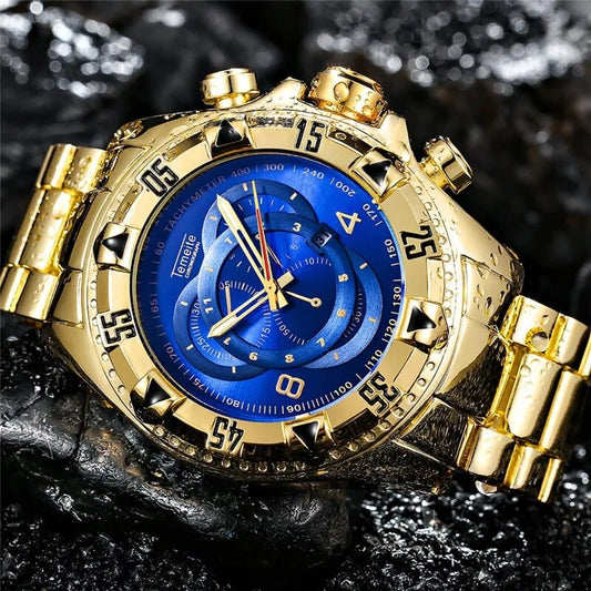 Temeite doré marque de luxe hommes montres mode bleu visage étanche en acier inoxydable montre grande taille mâle Quartz horloge montre-bracelet