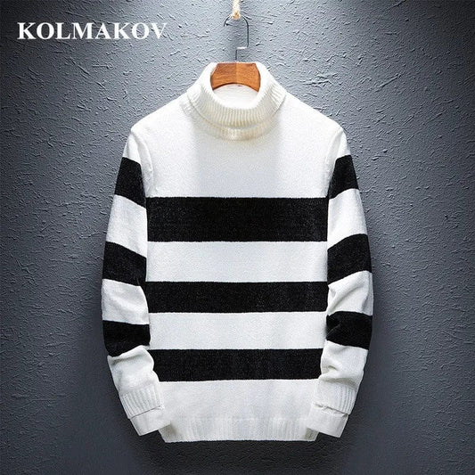 KOLMAKOV New 2022 Men's Clothing Sweaters Turtleneck Thick Sweater Knitting Pullovers Homme High Quality Striped Men Sweater 3XL