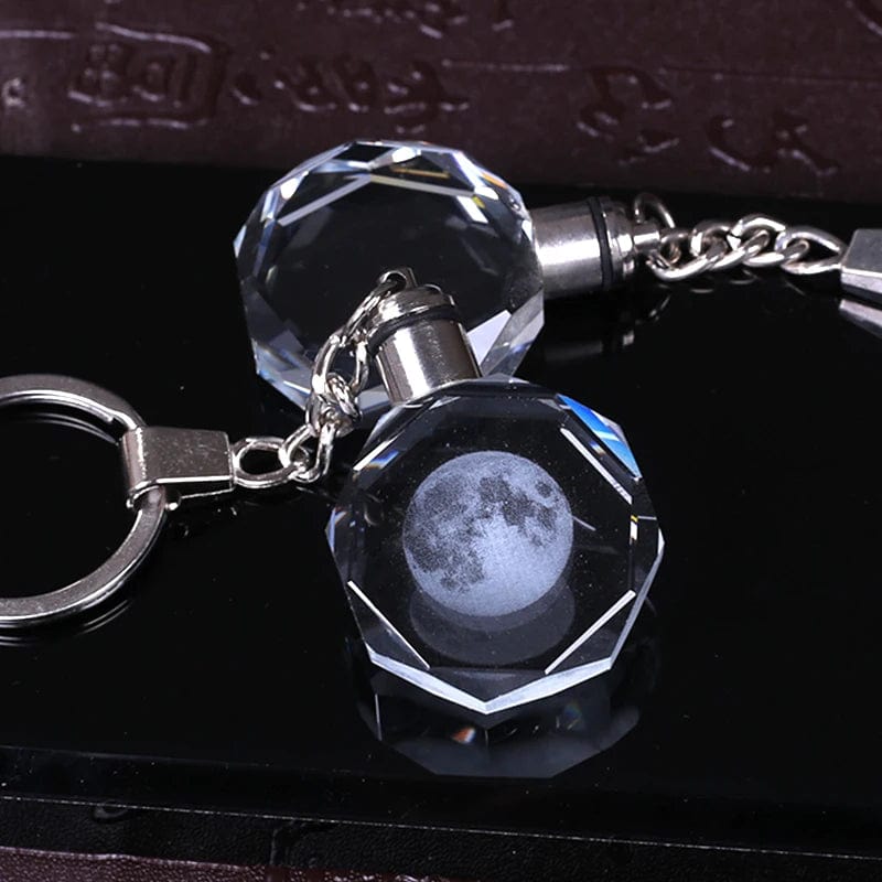 Crystal Moon Key Chain Laser Engraved Miniature Moon Keychain Led Light Colorful Glass Key Ring Pendant Hanging Gift