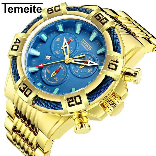 TEMEITE Top Luxury Brand Blue Golden Quartz Watch Stainless Steel Waterproof Mens Wristwatch Casual Business Sports Date Clock