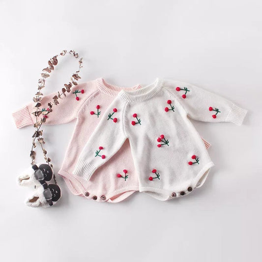 Spring Knitted Baby Romper Cherry Printed Newborn Baby Clothes 100% Cotton Knit Sweater Toddler Infant Baby Jumpsuit Overalls