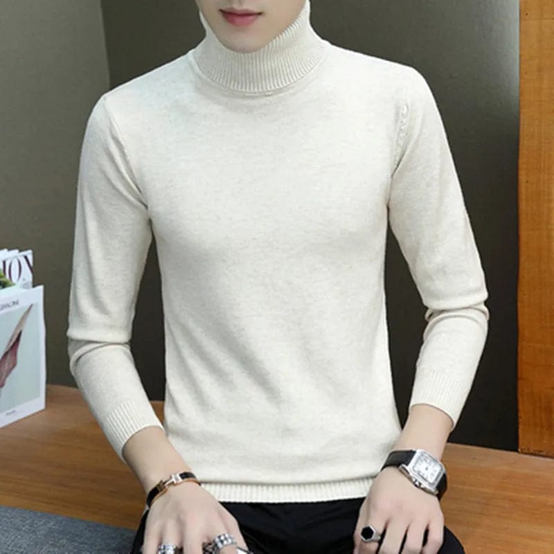 2023 Mens Sweater Pullover Slim Warm Solid High Lapel Jacquard Hedging British Men's Clothing Male Turtleneck M-3XL Off White