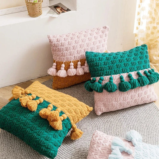 Boho Style Cushion Cover 45x45cm Tassles Decoration Knit Patched Color Soft Home Decoration Pillow Cover for Living room Bedroom