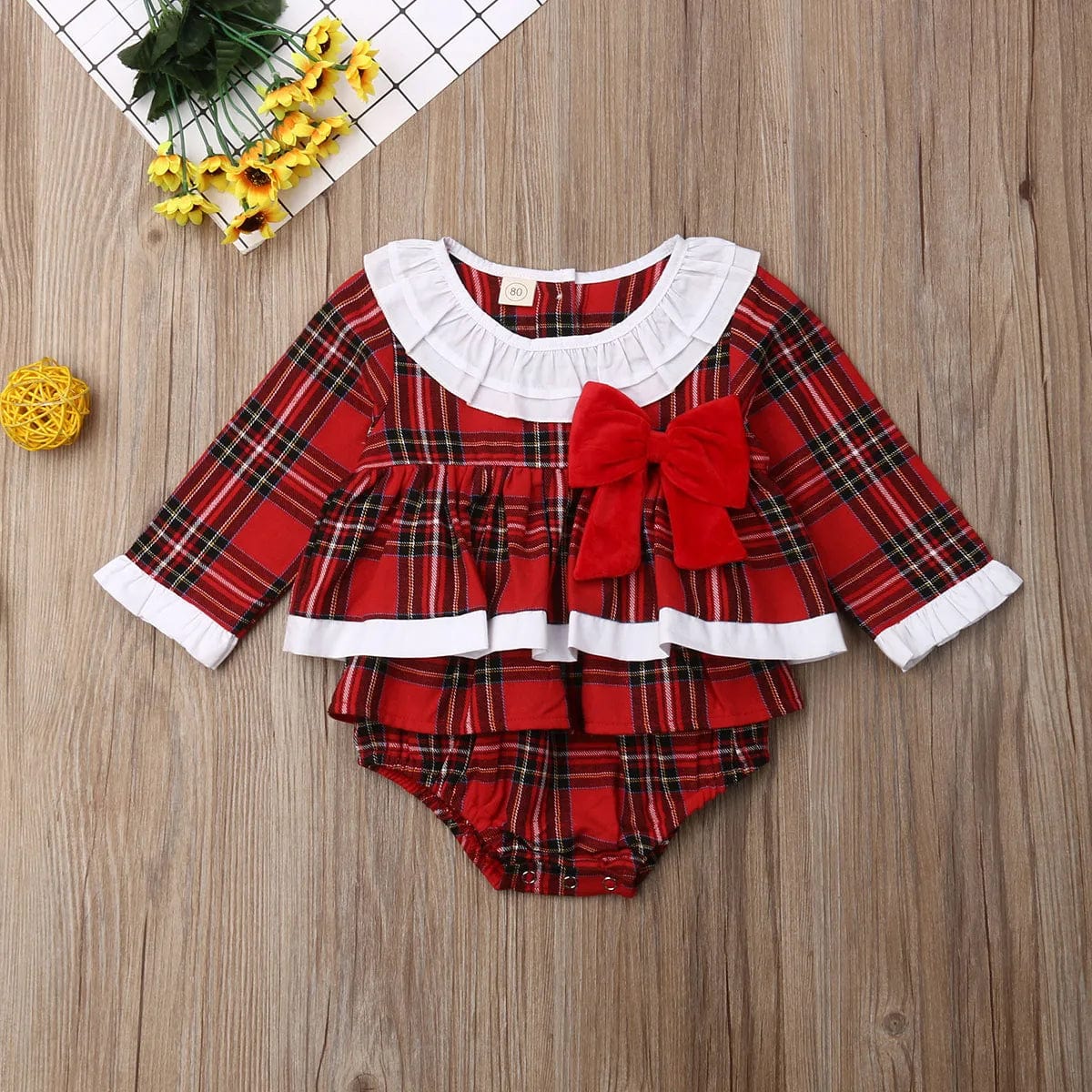 Xmas Newborn Toddler Baby Girl Clothes Lace Romper Dress Jumpsuit Red Outfit Plaid Ruffles Long Sleeve Outfit