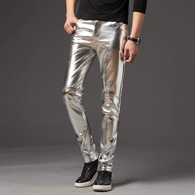 Mens Skinny Shiny Gold Silver Black Pu Leather Pants Motorcycle Men Nightclub Stage Pants for Singers Dancers Casual Trousers